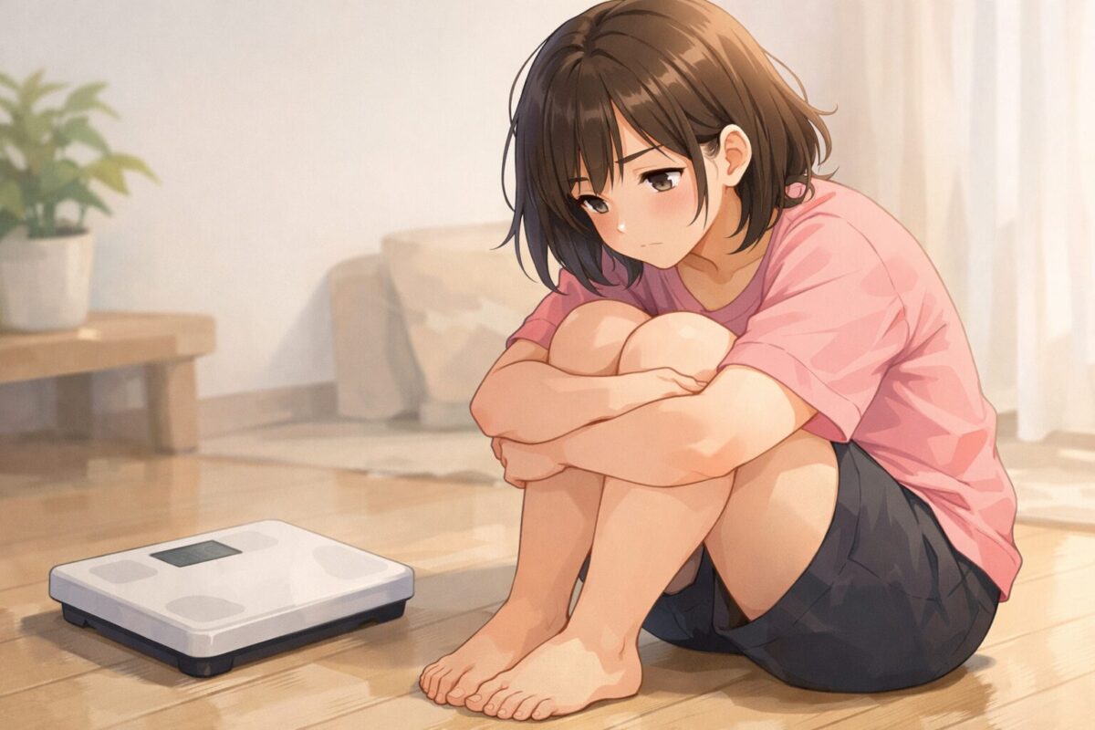 体重計と距離を置く女性。