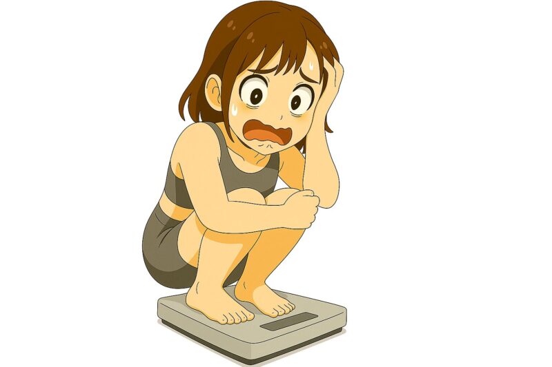 体重計に乗り数字に怯える女の子