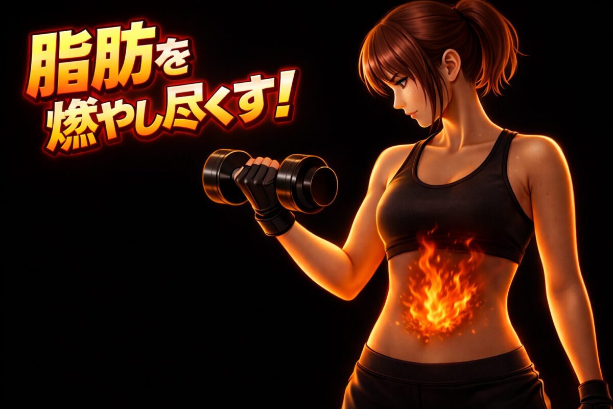 ダンベルを片手に、脂肪が燃えてるイメージの女性。