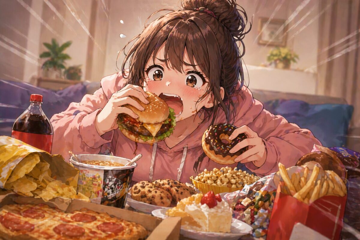 ダイエット中に食欲を抑えられず食べ過ぎてしまう女性のイラスト