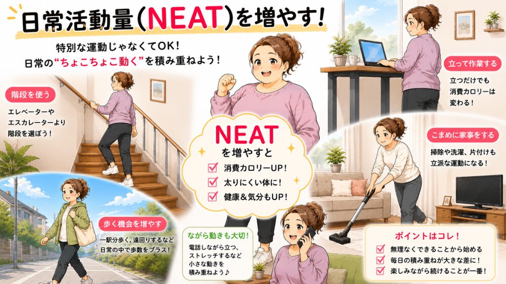 NEAT（日常活動量）を増やして消費カロリーを高める方法を解説する図解