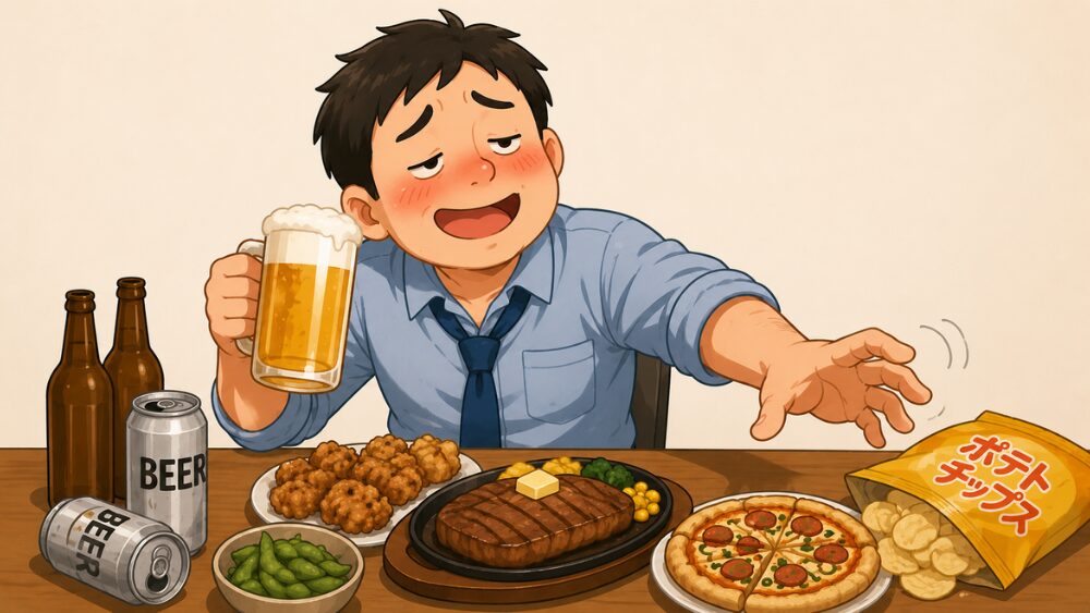 ダイエット中にお酒を飲み過ぎて判断力や自制心が低下し、食べ過ぎにつながる様子を表したイラスト