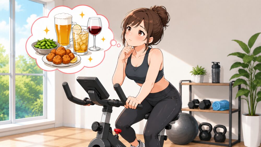 ダイエット中にエアロバイクを漕ぎながら、お酒やおつまみを飲みたい・食べたいと悩む女性のイラスト